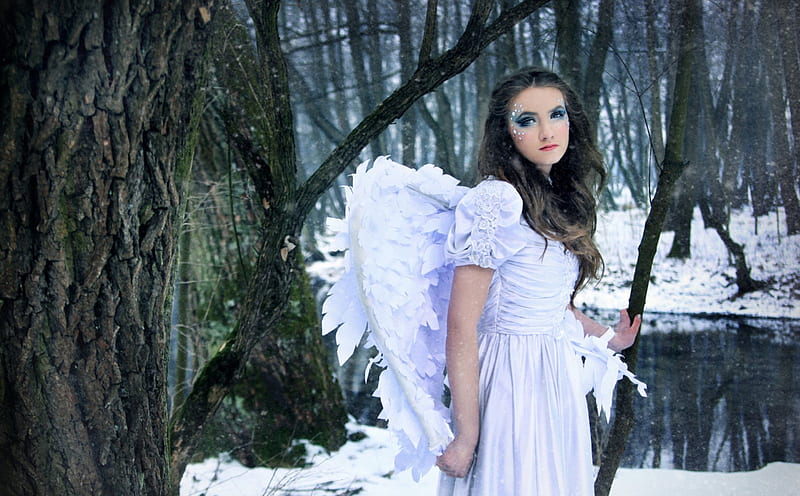 Angel, wings, creative, woman, situation, winter, fantasy, girl, white ...
