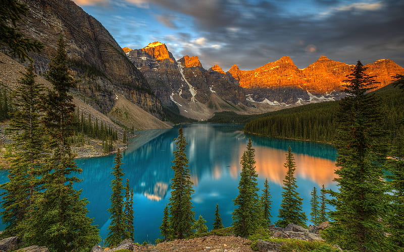 Moraine Lake, sunset, Banff, forest, mountains, North America, Banff National Park, Canada, Alberta, HD wallpaper