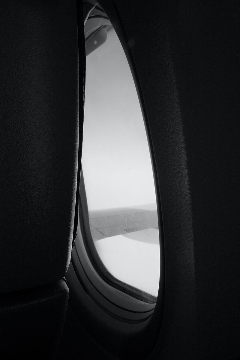 window, porthole, wing, view, darkness, black and white, HD phone wallpaper
