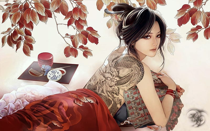 Beauty, frumusete, autumn, luminos, tattoo, leaf, fantasy, zhang xiao bai, girl, asian, HD wallpaper