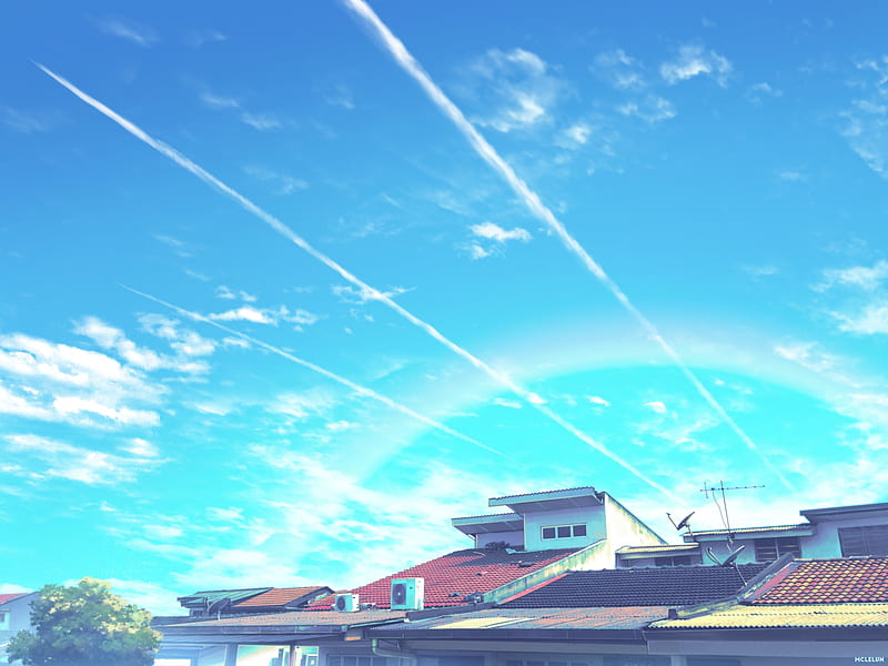 anime buildings, sky, scenery, rooftop, Anime, HD wallpaper