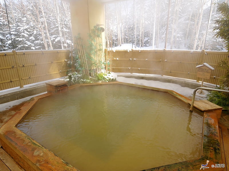 Shirogane Hot Spring, open-air, japanese, onsen, hot spring, bath, winter, japan, snow, shirogane, HD wallpaper