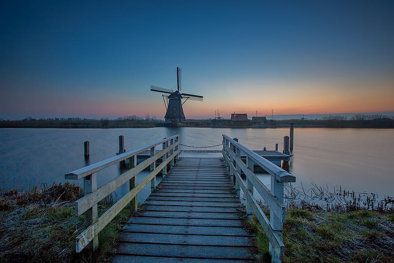 Buildings, Windmill, Canal, Kinderdijk, Netherlands, Pier, HD wallpaper