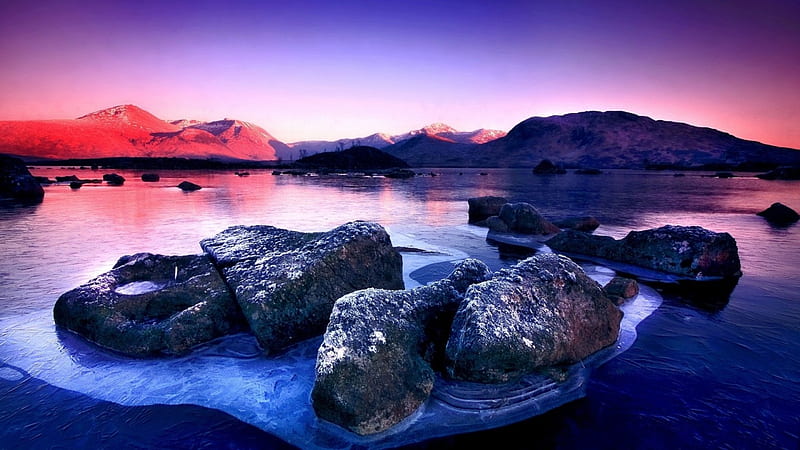 lake and mountains in blue and red, red, rocks, mountains, sunrise, lake, blue, HD wallpaper