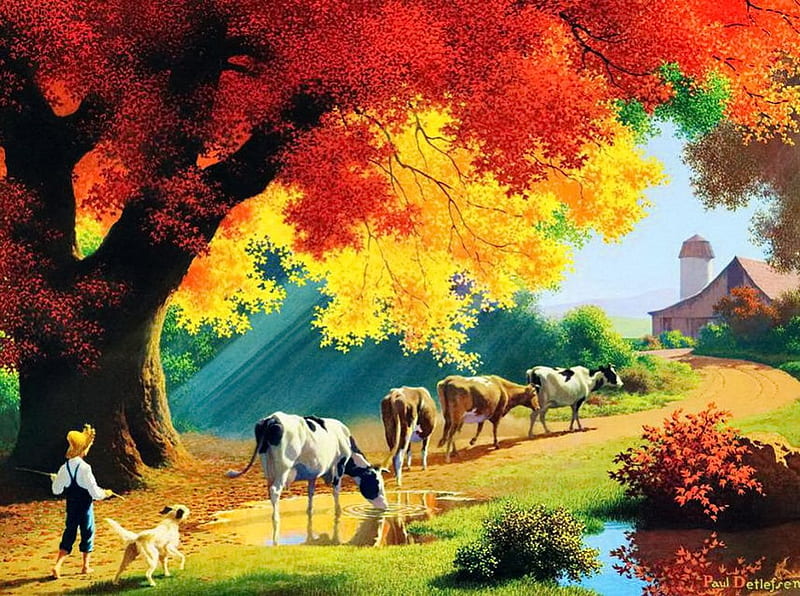 Close of the day, fall, pretty, autumn, glow, sunny, bonito, sunset, foliage, countryside, kid, painting, village, child, dog, cowa, art, idyll, vreek, houses, colordul, trees, rays, peaceful, day, nature, HD wallpaper
