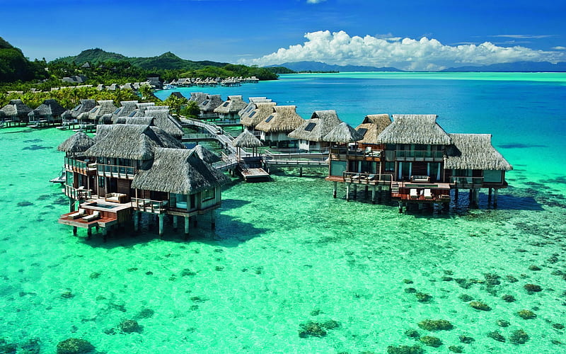 tropical island, Bora Bora, ocean, bungalow, travel, summer, vacation, sea, HD wallpaper