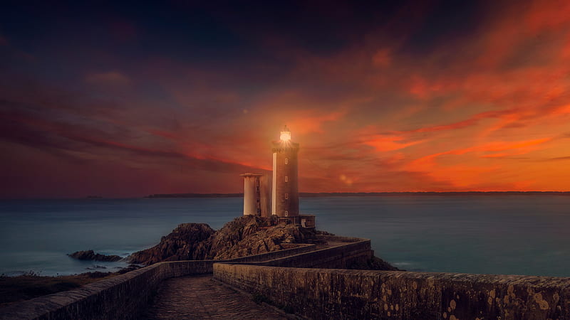 Lighthouse Sunset Scene, lighthouse, nature, sunset, HD wallpaper
