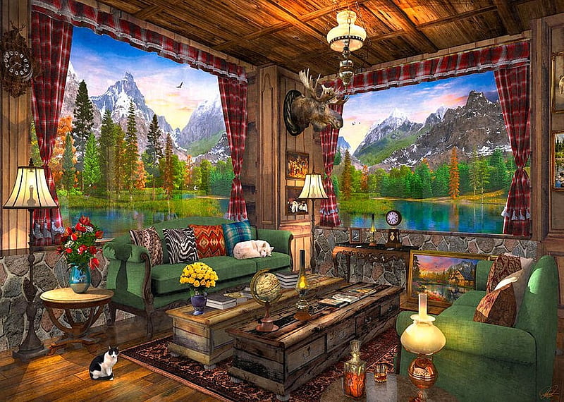 Mountain Cabin View, table, cozy, lamps, armchair, cat, trees, artwork, windows, mountains, painting, river, room, sofa, dog, HD wallpaper