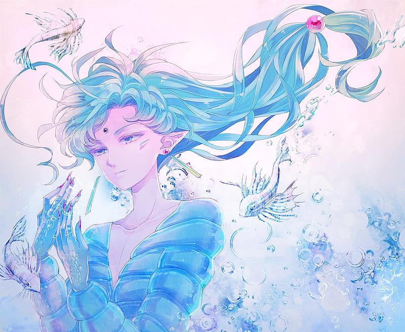 Playing With The Fishes, Fish, Sailor Moon, Anime, Blue Eyes, Transgender, Smile, Water, Fisheye, Blue Hair, Big Eyes, Anime Girl, HD wallpaper