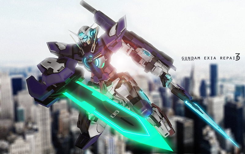 Gundam Exia Repair III, gundam, city, exia gundam, anime, 00 gundam, HD wallpaper