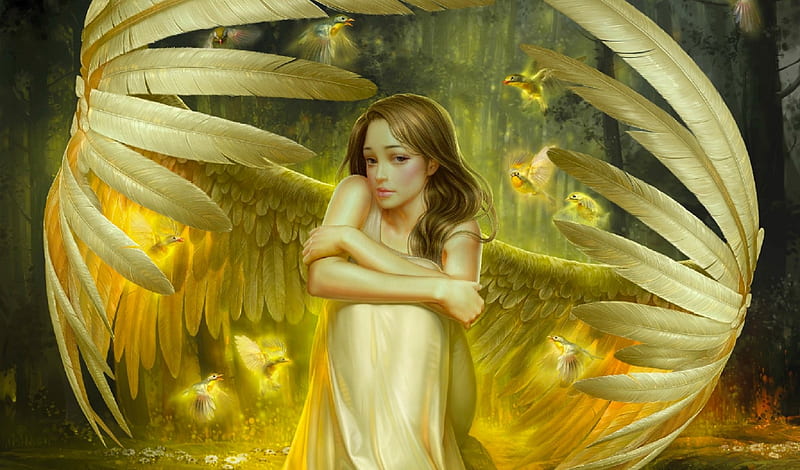 Tiny Birds under Her Wings, pretty, art, wings, lovely, birds, yellow ...