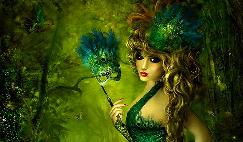 Lady Peacock, fantasy, girl, art, peacock, digital, woman, HD wallpaper