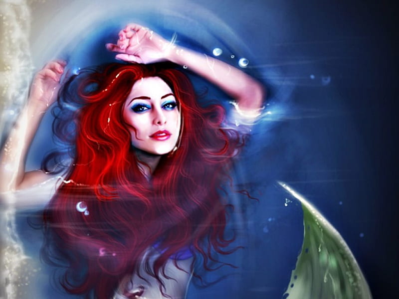 Arielle, art, redhead, tail, mermaid, floating, woman, fantasy, water ...