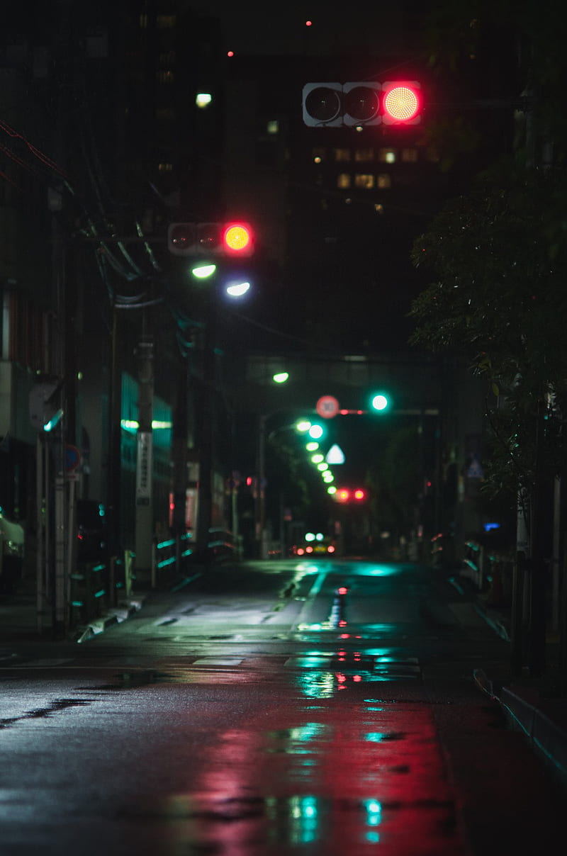 Street night lights, blur, city, midnight, midnight city, neon, HD phone wallpaper