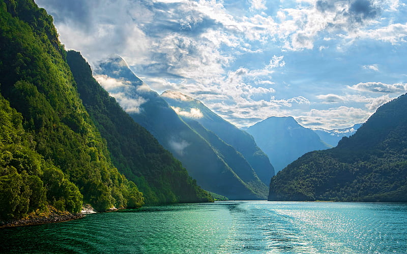 Norway summer, fjord, mountains, Europe, beautiful nature, sunny day, R, HD wallpaper