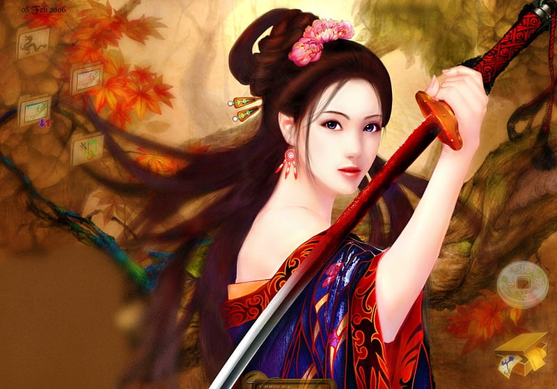 Geisha Rebellion, art, guerra, fantasy, girl, painting, beauty, geisha, HD wallpaper
