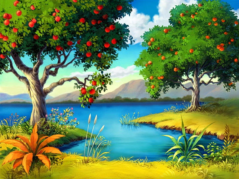 Cartoon forest, stream, pretty, colorful, shore, grass, fruits, bonito, nice, painting, flowers, river, blue, art, forest, animated, lovely, apples, spring, cartoon, trees, lake, pond, cute, water, plants, summer, HD wallpaper