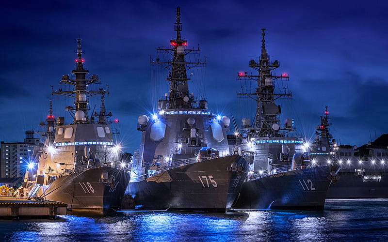 JS Fuyuzuki, DD-118, JS Makinami, DD-112, JS Myoko, DDG-175, JMSDF, Japanese destroyers, Akizuki-class destroyer, Japan Maritime Self-Defense Force, HD wallpaper