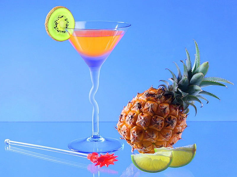 Stay cool, glass, pineapple, stir stick, drink, blue, lime, HD wallpaper