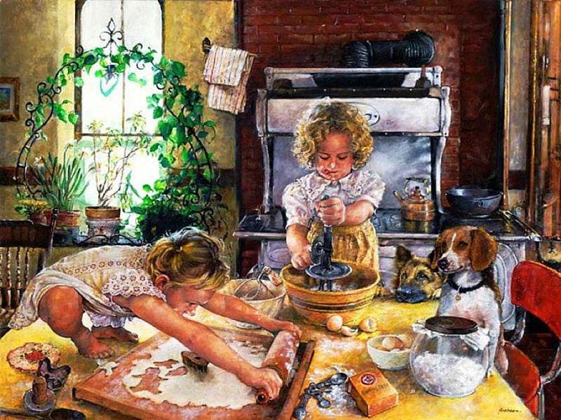 The Bakery, table, baking, painting, kitchen, artwork, dogs, kids, HD wallpaper