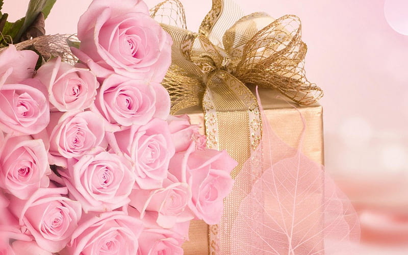 Happy Birtay!, happy birtay, rose, glitter, golden, yellow, box, bow, valentine, gift, woman, mother, bouquet, flower, day, pink, HD wallpaper