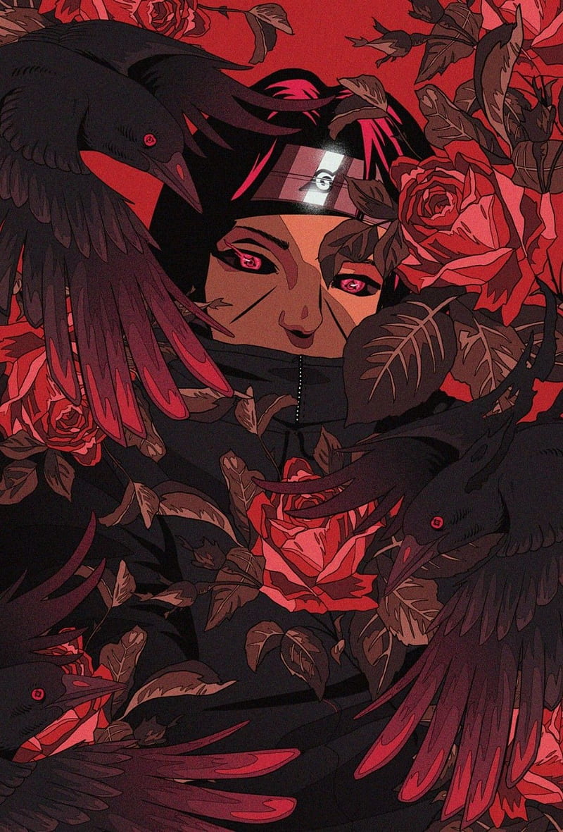 Naruto (anime), Uchiha Itachi, Uchiha clan, red eyes, red flowers, red, red background, HD phone wallpaper