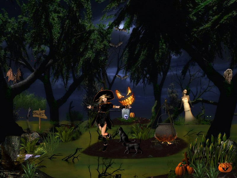 Halloween In The Swamp, swamps, ghosts, halloween, witches, pumpkins, HD wallpaper