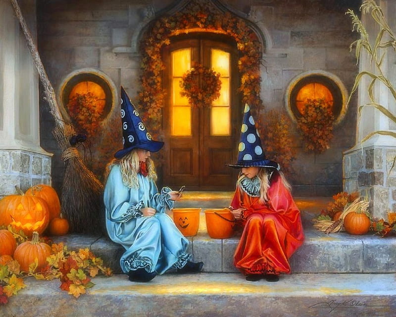 Halloween Sweetness, fall season, autumn, hats, holiday, halloween, witches, colors, love four seasons, little girls, jack-o-lantern, leaves, weird things people wear, pumpkins, HD wallpaper