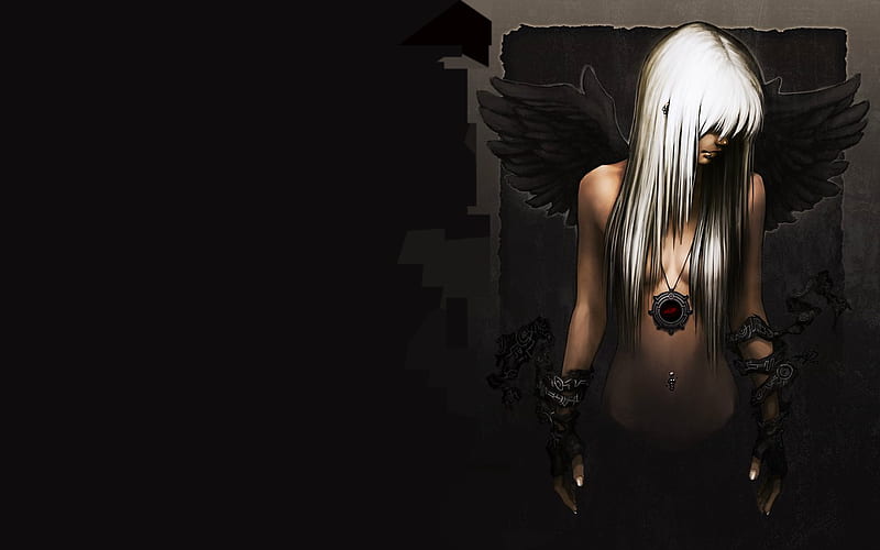 Gothic Angel, female, wings, necklace, white hair, angel, shirtless, dark background, girl, gothic, black background, anime, lone, dark, anime girl, long hair, HD wallpaper