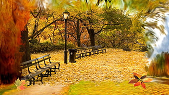 Autumn Wallpaper Anime Hd Background, 3d Background Rendering Brown Autumn  Leaves On A Park Bench In The Middle Of A Puddle Autumn Theme, Hd  Photography Photo Background Image And Wallpaper for Free