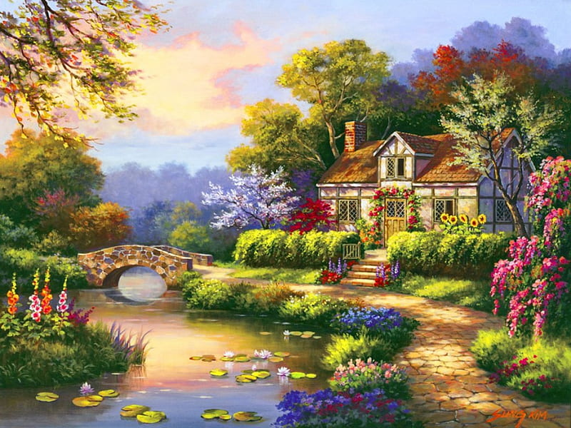 Swan cottage, cottage, bonito, swan, countrysie, bridge, painting, flowers, river, art, rest, quiet, calmness, lovely, place, spring, creek, lake, pond, serenity, paradise, peaceful, summer, HD wallpaper