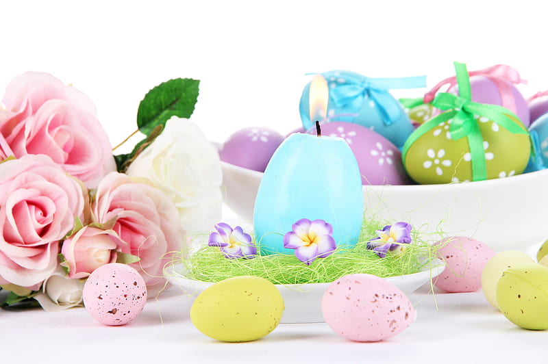 Easter decoration, candle, holidays, roses, Easter, special days, eggs, flowers, arrangemet, pink, blue, harmony, HD wallpaper