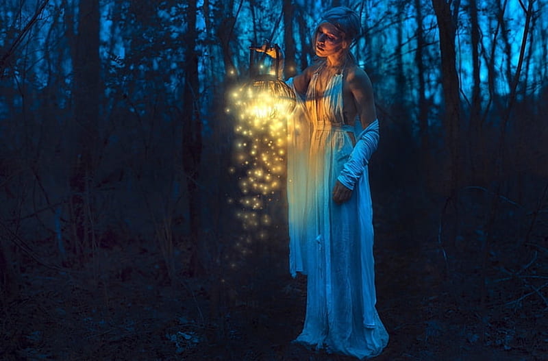 Lantern Fantasy Woman Outdoor, Fantasy, Lantern, Trees, Woman, Outdoor, Blue, HD wallpaper