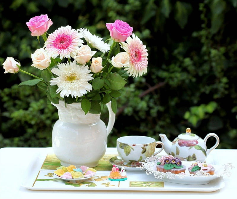 Garden Tea Party, garden, still life, flowers, tea party, HD wallpaper