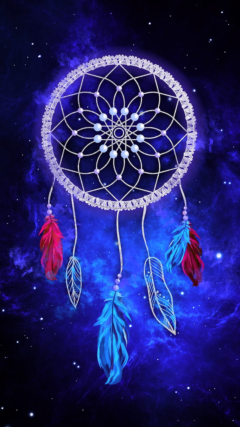 dream catcher, space, fantasy, feathers, native, american, blue, HD phone wallpaper