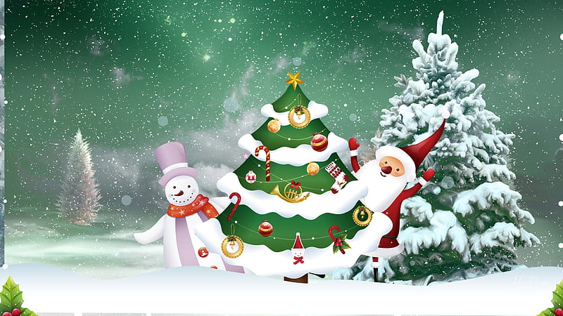 Santa's Snowman, snowman, winter, Firefox theme, forest, Christmas, cheerful, Saint Nick, Father Christmas, Santa Claus, happy new year, trees, pine, snow, decorated tree, HD wallpaper