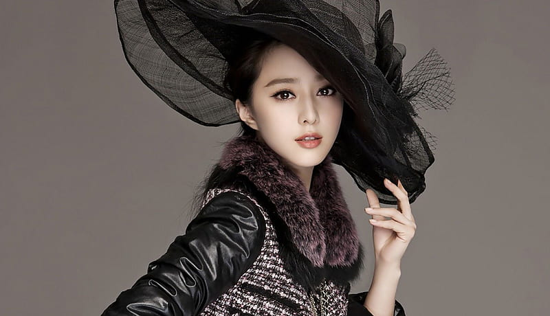 Fan Bingbing, model, elecant, black, woman, hat, girl, purple, actress, oriental, asian, beauty, fur, HD wallpaper