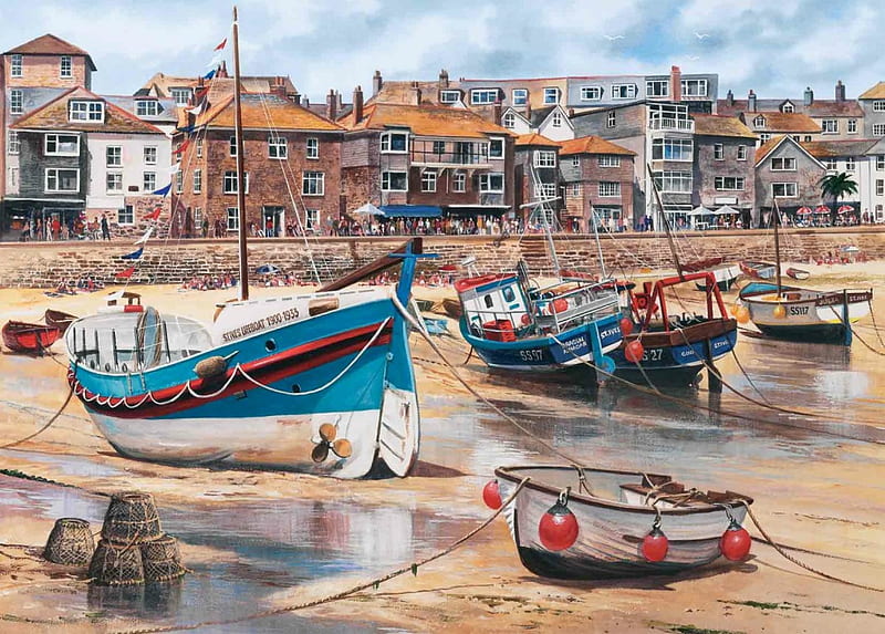 The Tides Out at St Ives, boats, water, painting, st ives, village, fishing, HD wallpaper