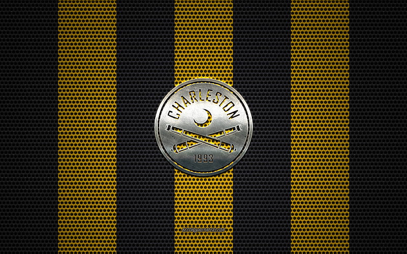 Charleston Battery logo, American soccer club, Charleston Battery new logo 2020, metal emblem, yellow-black metal mesh background, Charleston Battery, USL, Charleston, South Carolina, USA, soccer, HD wallpaper