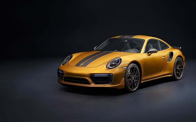 porsche 911 turbo s, 2018, Gold porsche, sports coupe, sports cars, exclusive series, HD wallpaper