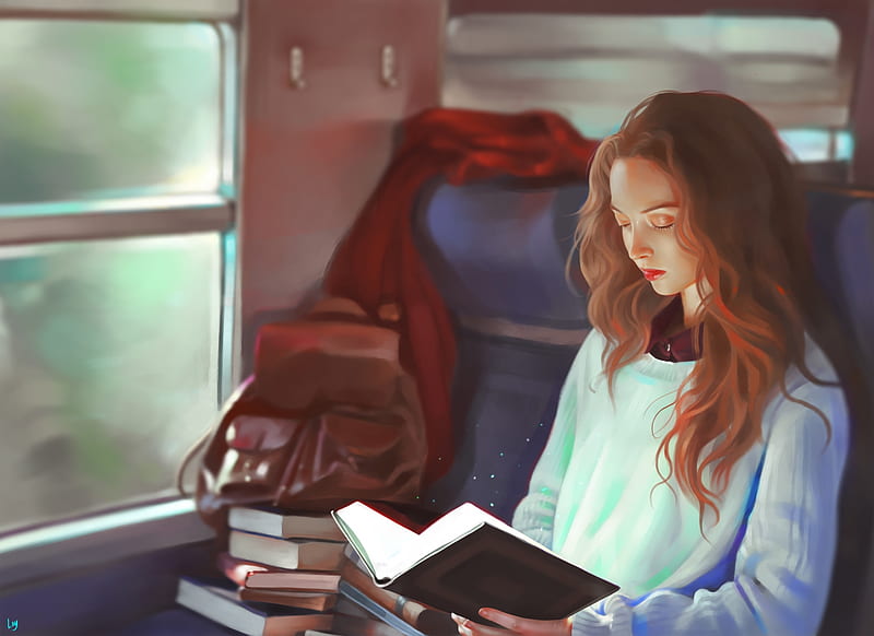 fantasy girl, train trip, reading, Fantasy, HD wallpaper