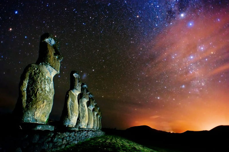 Moai Stones under Starry Sky, Stars, architecture, Sky, Stones, Nature, HD wallpaper