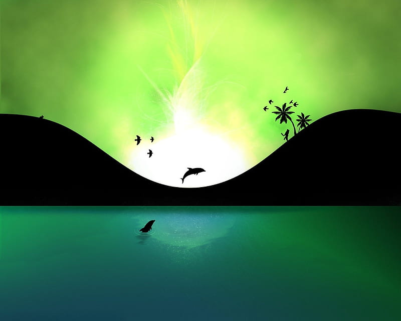 Dolphins, black, watrr, silhouette, dolphin, vara, water, green, summer, vector, HD wallpaper