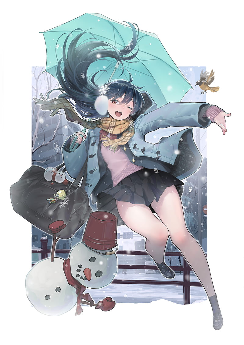 anime, anime girls, original characters, miniskirt, scarf, Tsuinpō, vertical, Twinpoo, school uniform, coats, umbrella, dark hair, snowmen, snow, HD phone wallpaper