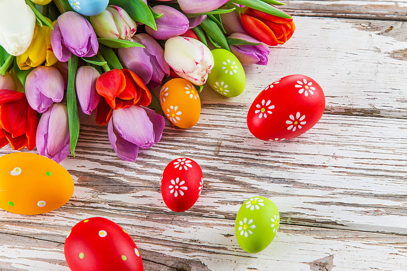 Happy Easter!, colorful, holiday, eggs, flowers, spring, tulips, happy, ester, HD wallpaper