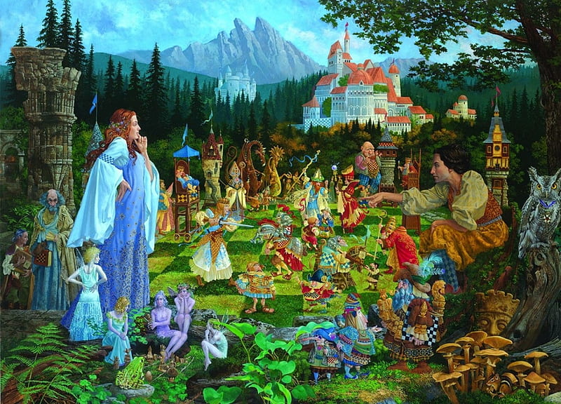 The Chess Match, castles, mountains, painting, trees, princess, artwork, chessmen, HD wallpaper
