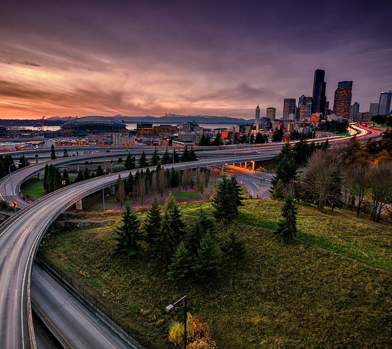 Seattle, america, bridges, lights, sunset, trees, usa, washington, HD wallpaper