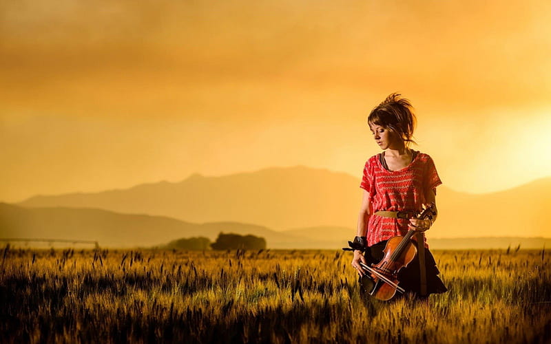 Lindsey Stirling, lindsey, violin, girl, music, stirling, sky, field, landscape, HD wallpaper