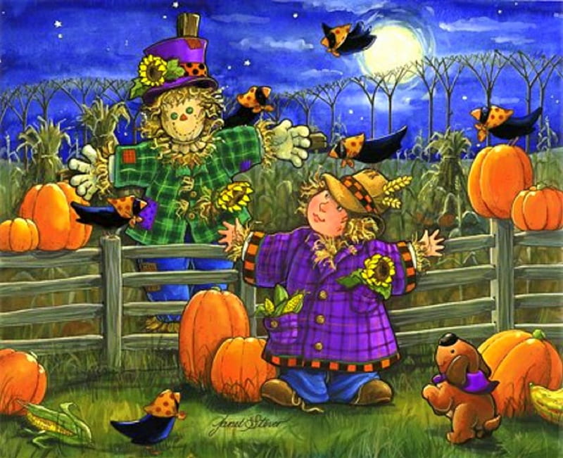 ★Halloween Scarecrow★, pretty, autumn, cart, bonito, paintings, sunflowers, kids, moons, harvest, fall season, lovely, crows, colors, love four seasons, fun, creative pre-made, scarecrows, halloweens, gardens, weird things people wear, nature, pumpkins, HD wallpaper