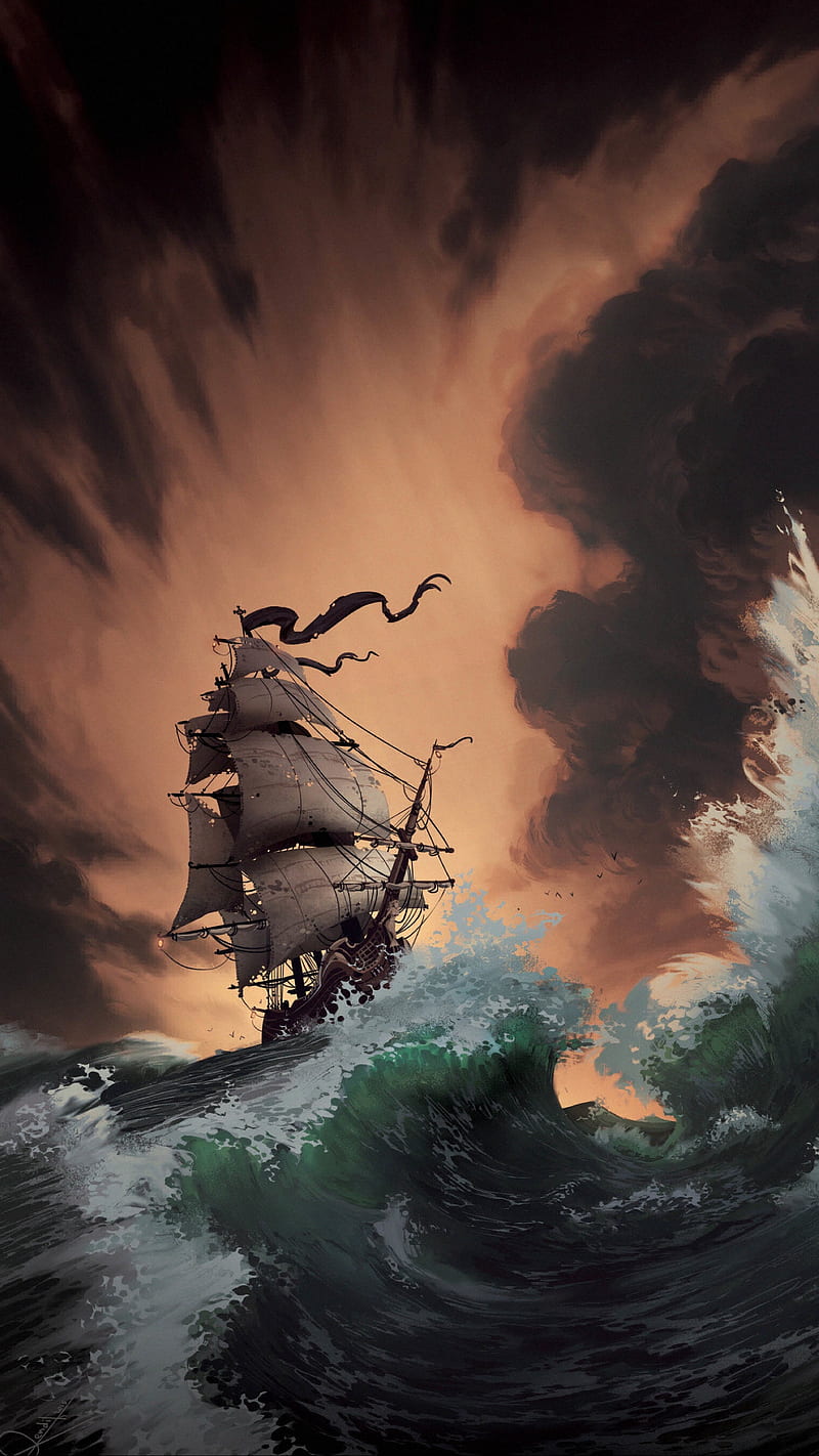 Ship In the Storm , art, waves, sea, HD phone wallpaper